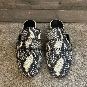 PAIGE Eden Snakeskin Embossed Whipstitch Loafer Mules | Black & White | Size 9
